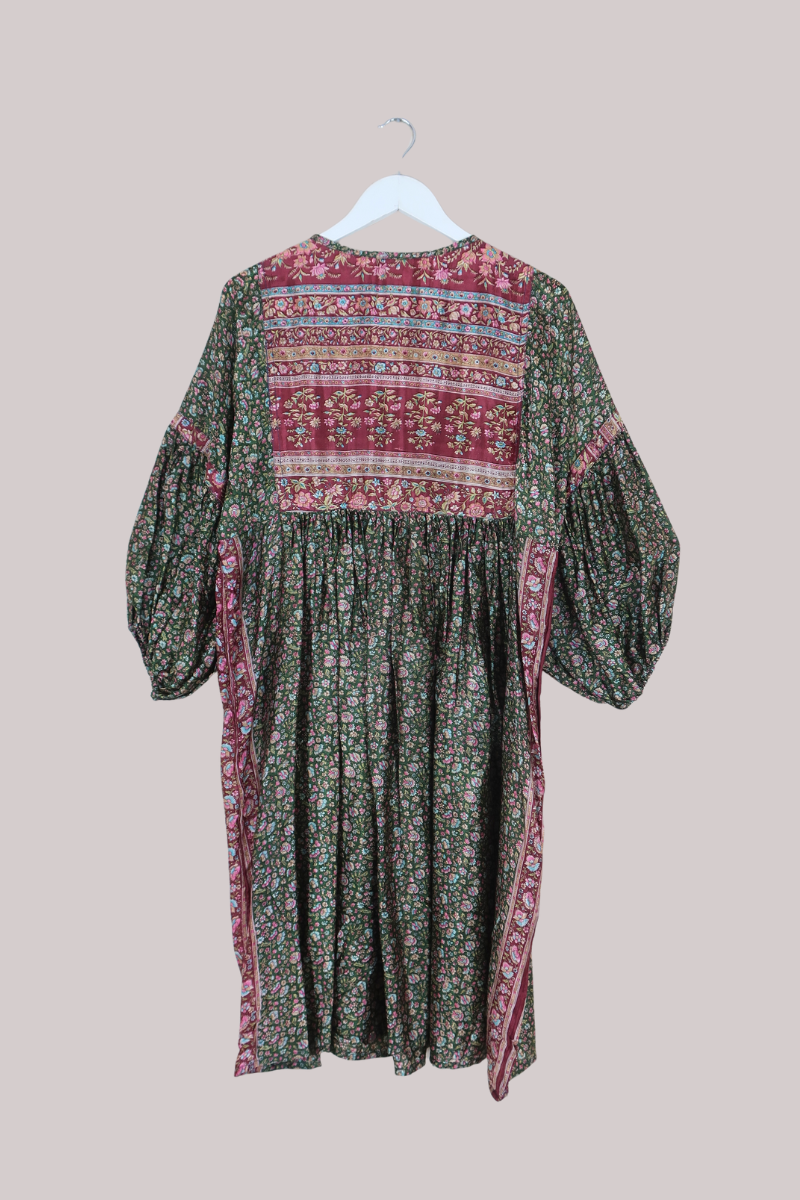 Daisy Vintage Cotton Midi Dress in Forest Nymph Green & Cherry Floral - Size M/L