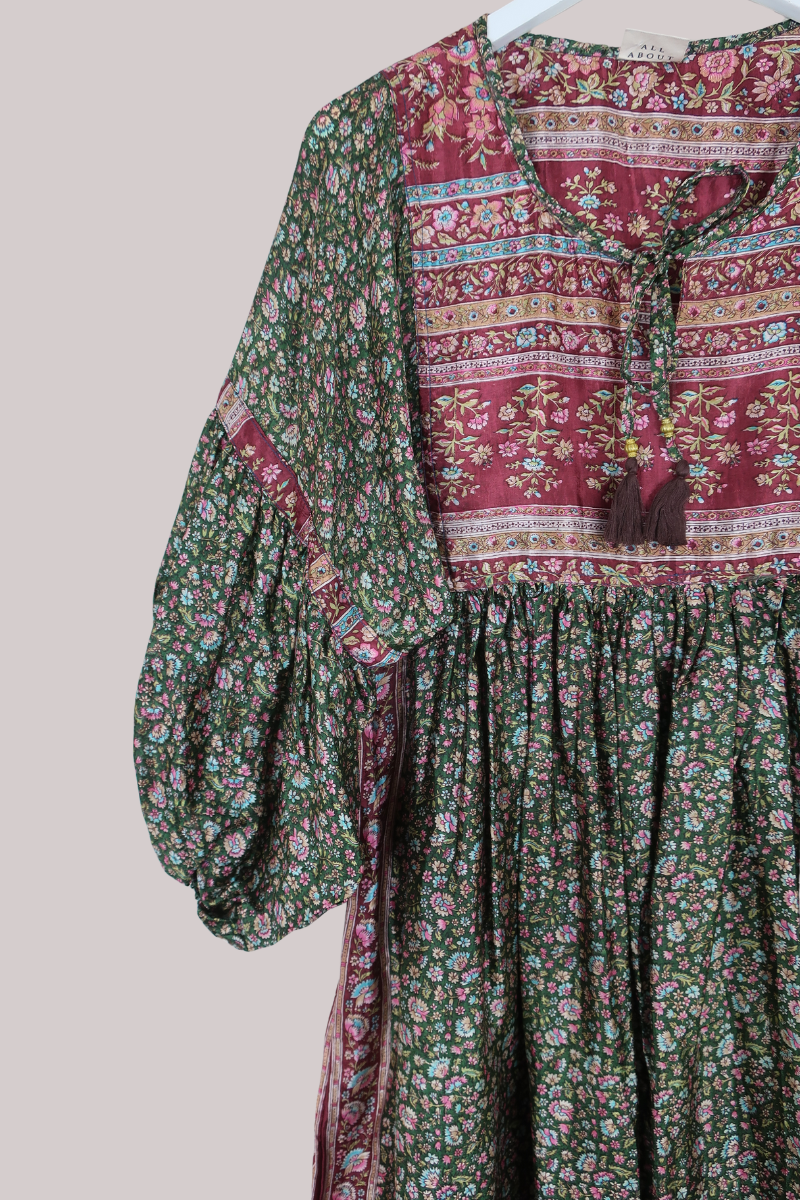 Daisy Vintage Cotton Midi Dress in Forest Nymph Green & Cherry Floral - Size M/L