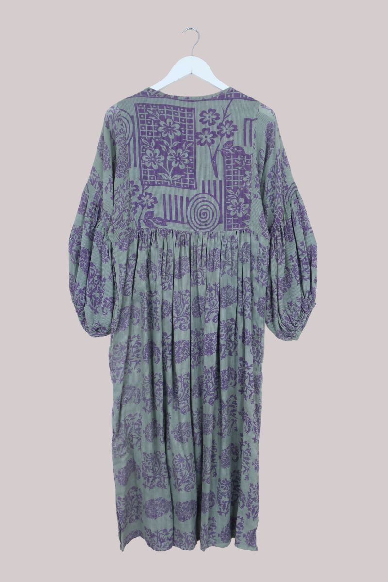 Daisy Vintage Cotton Maxi Dress in Moss & Heather Purple - Size S/M