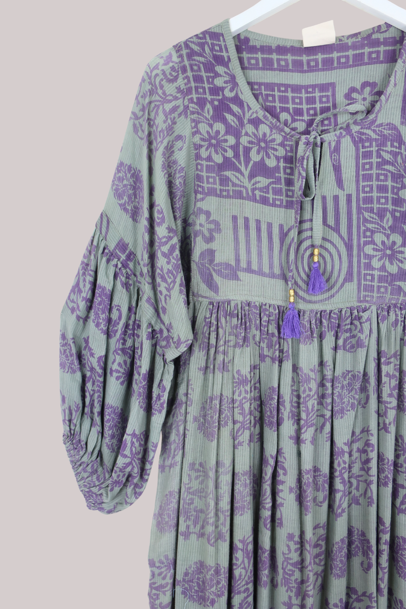 Daisy Vintage Cotton Maxi Dress in Moss & Heather Purple - Size S/M