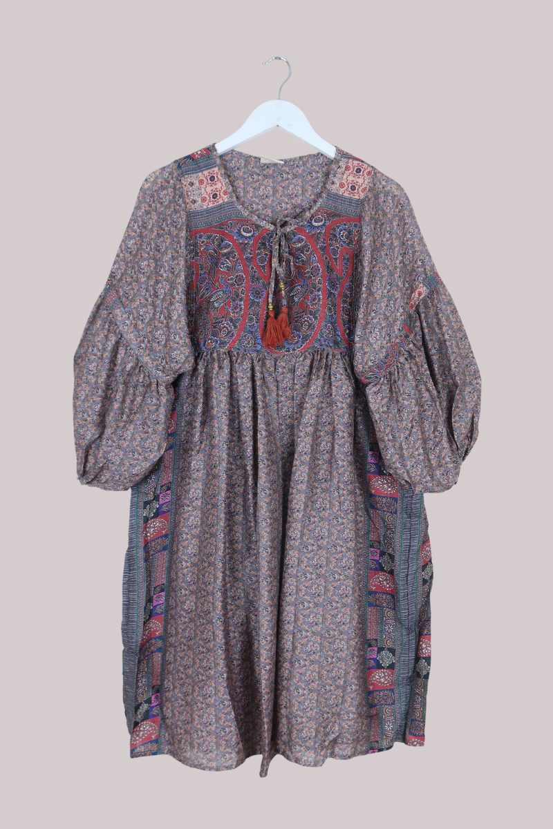 Daisy Vintage Cotton Midi Dress in Misty Silver Peacock Garden - Size M/L