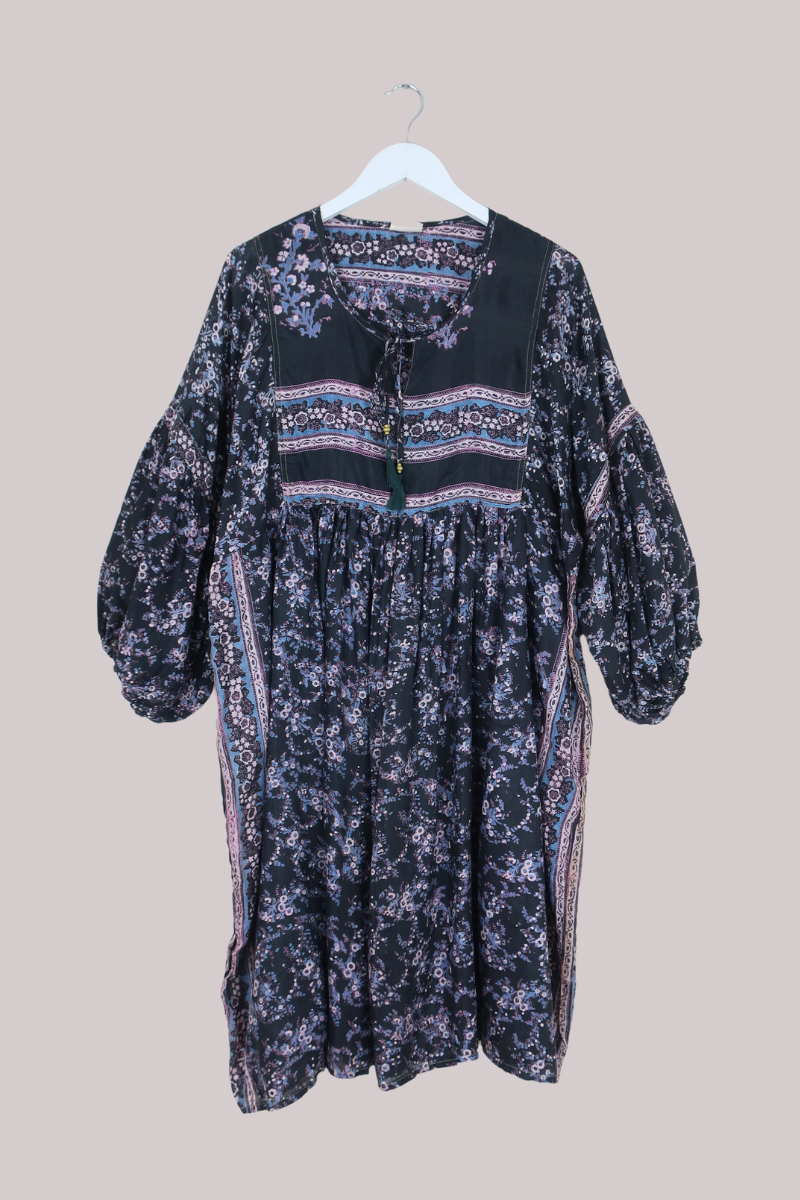 Daisy Vintage Cotton Midi Dress in Raven Black & Pale Moon Pink Floral - Size XXL