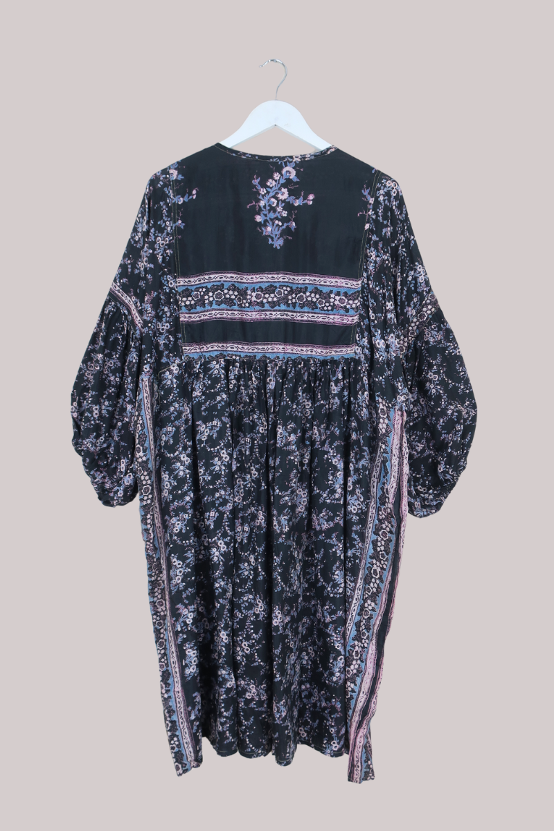 Daisy Vintage Cotton Midi Dress in Raven Black & Pale Moon Pink Floral - Size XXL