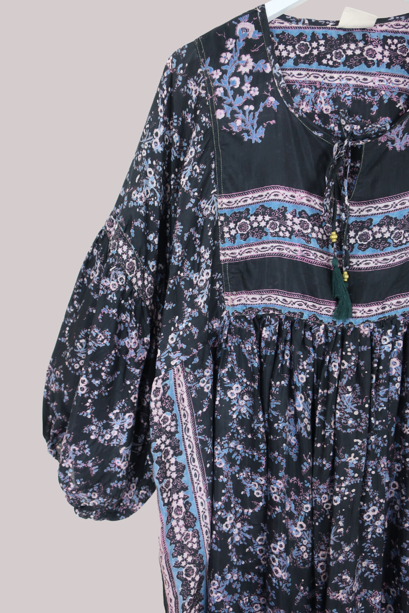 Daisy Vintage Cotton Midi Dress in Raven Black & Pale Moon Pink Floral - Size XXL