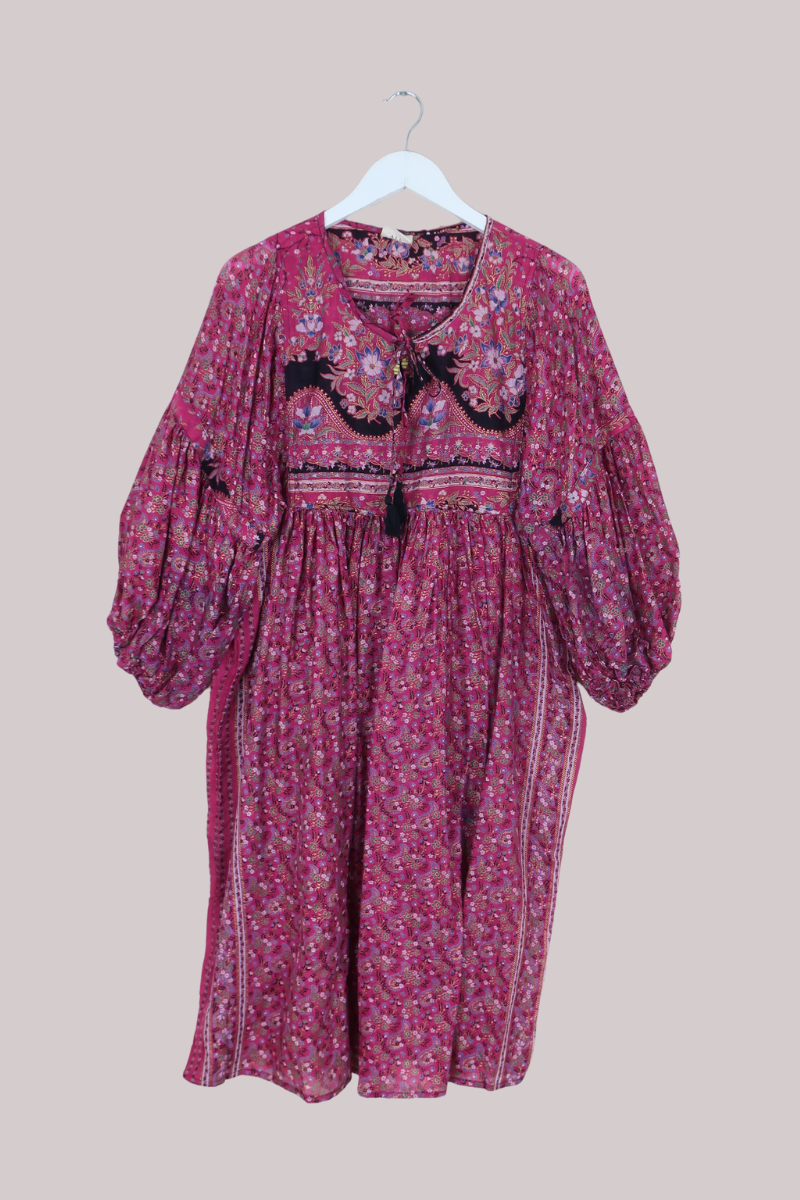 Daisy Vintage Cotton Midi Dress in Crown Jewels Pink & Gold Floral - Size M/L