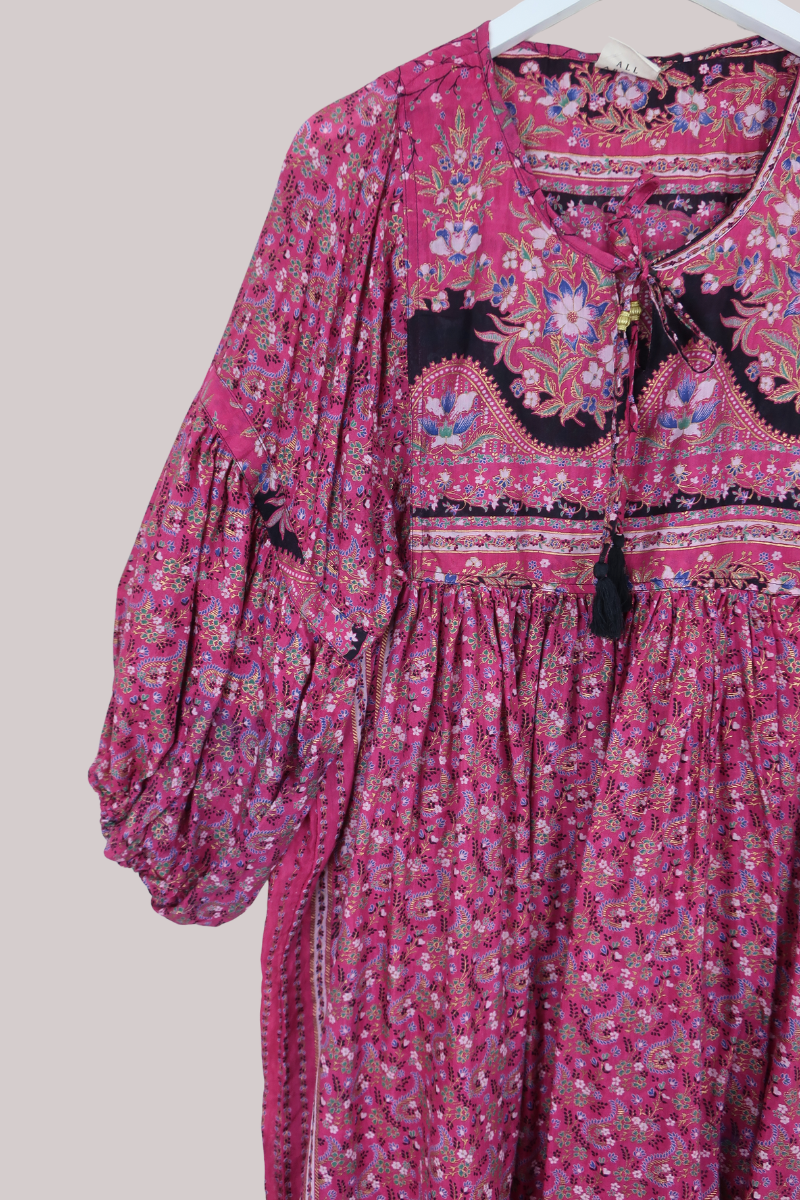 Daisy Vintage Cotton Midi Dress in Crown Jewels Pink & Gold Floral - Size M/L