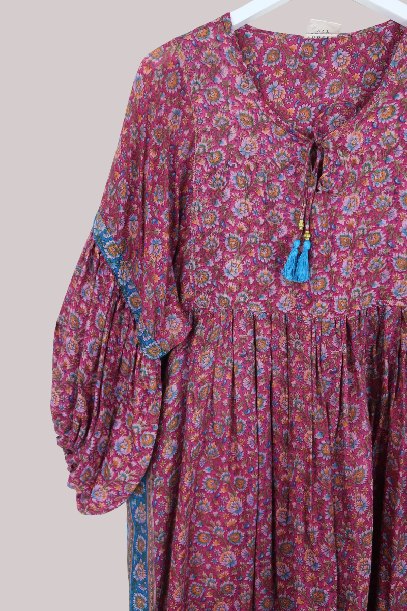 Daisy Vintage Cotton Midi Dress in Sunset Murmurations Pink Floral - Size L/XL