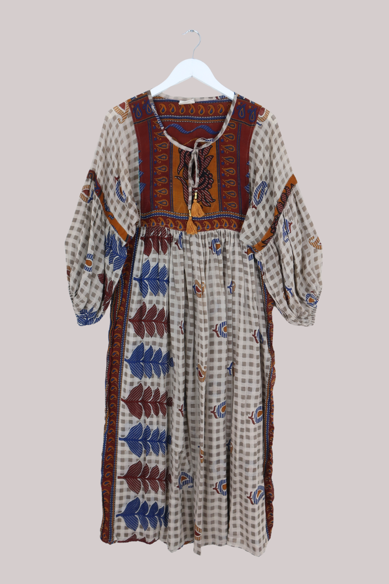 Daisy Vintage Cotton Maxi Dress in Sand, Amber & Garnet - Size XS