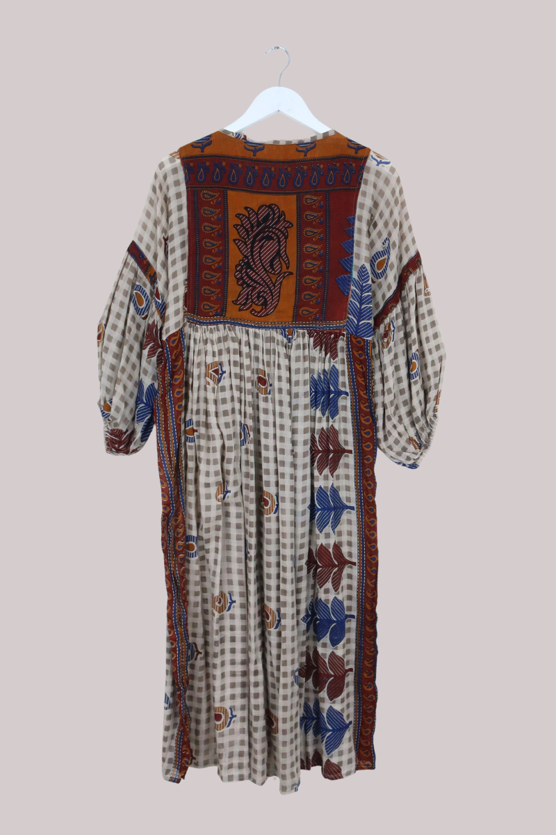 Daisy Vintage Cotton Maxi Dress in Sand, Amber & Garnet - Size XS