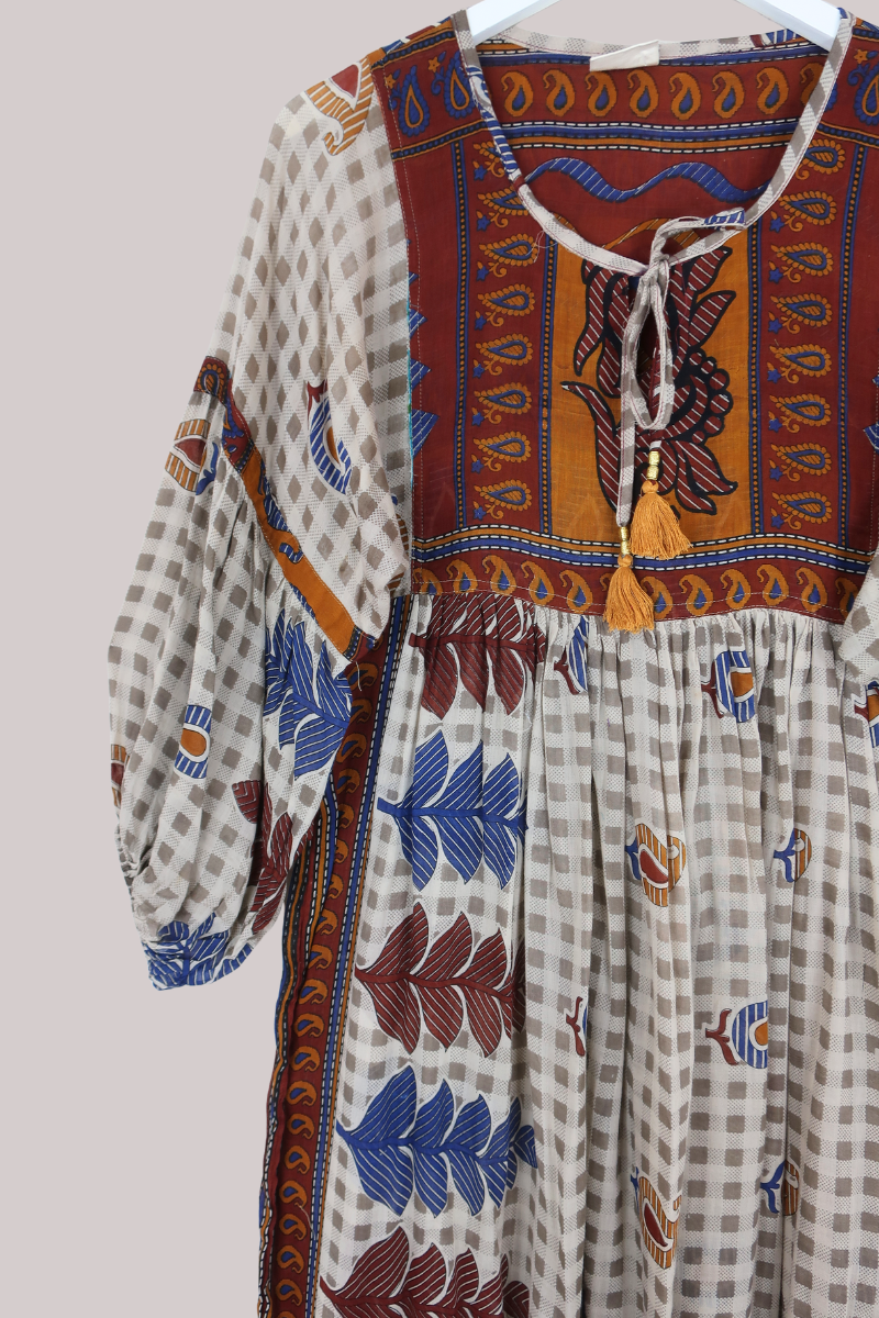 Daisy Vintage Cotton Maxi Dress in Sand, Amber & Garnet - Size XS