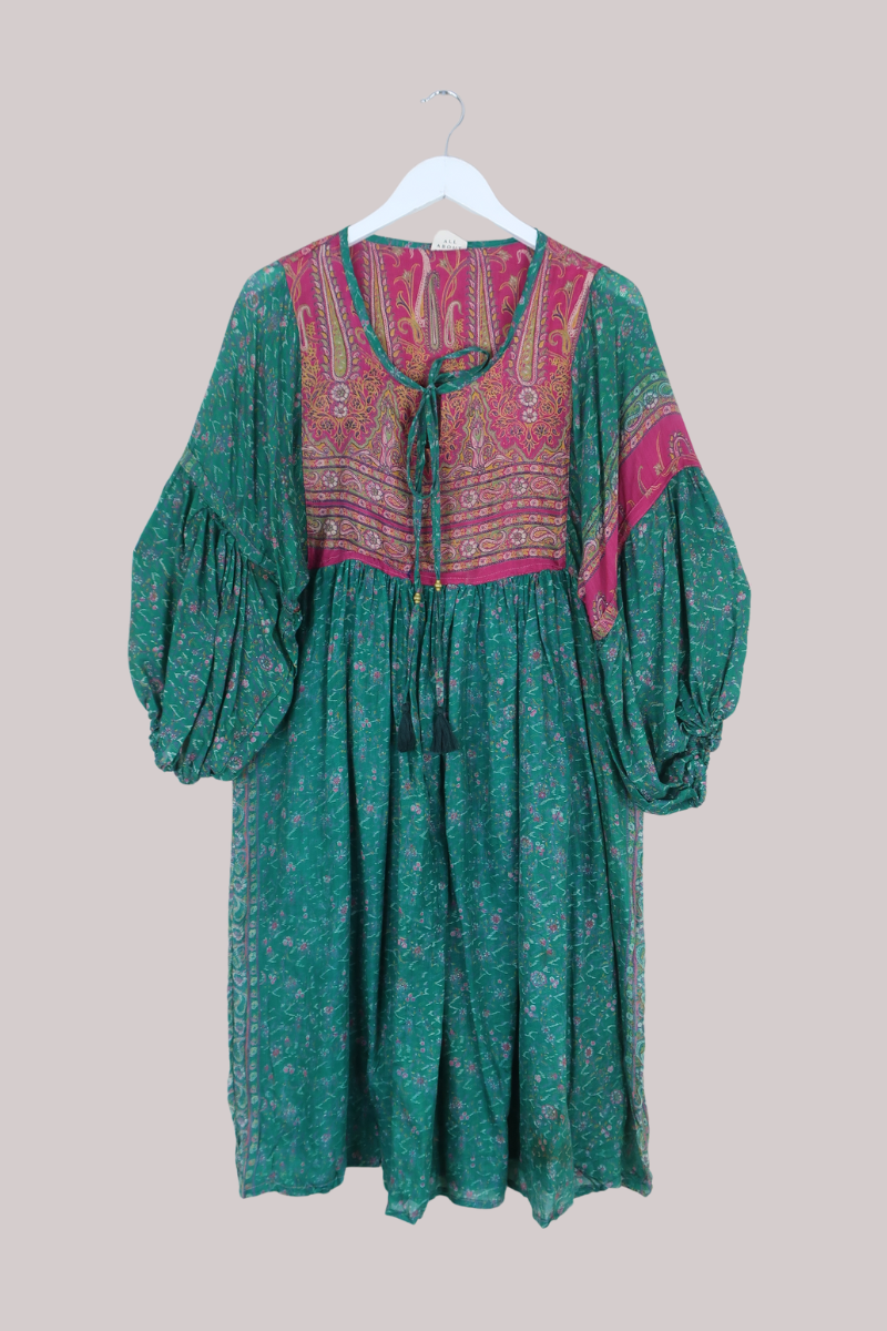 Daisy Vintage Cotton Midi Dress in Jade Green & Pink Floral - Size S/M