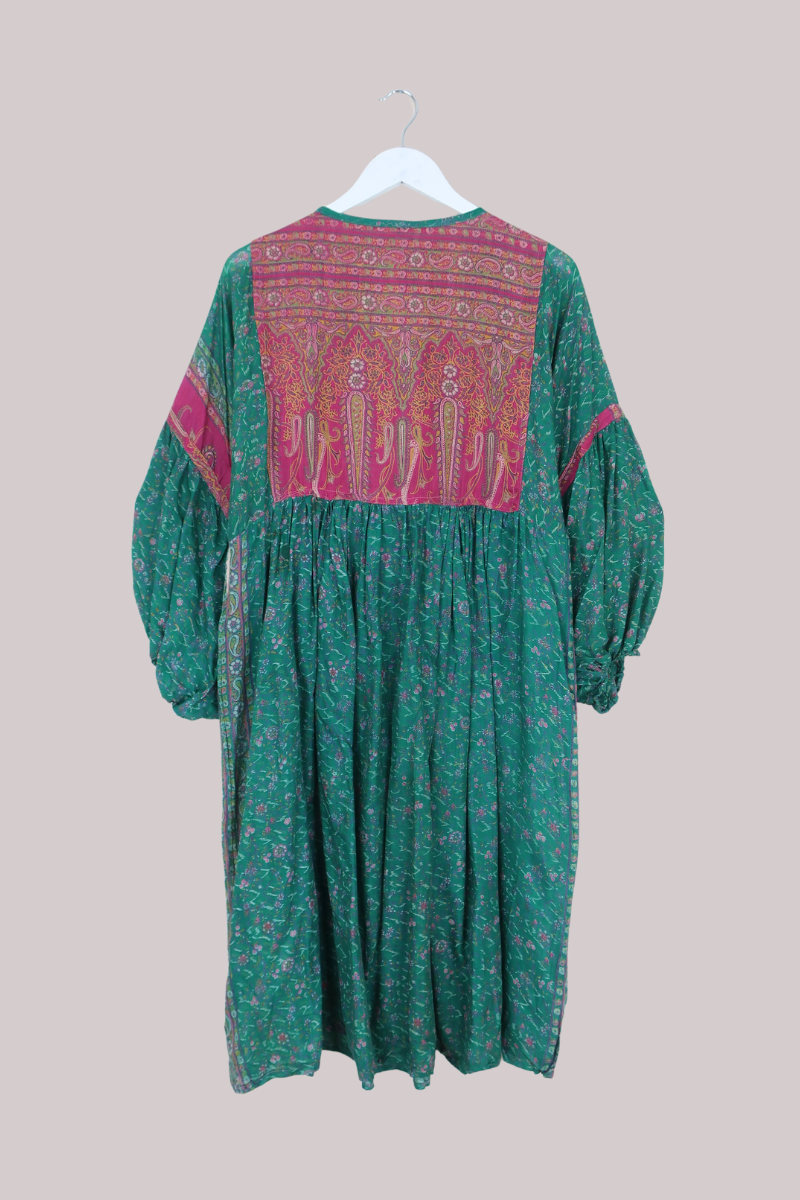 Daisy Vintage Cotton Midi Dress in Jade Green & Pink Floral - Size S/M