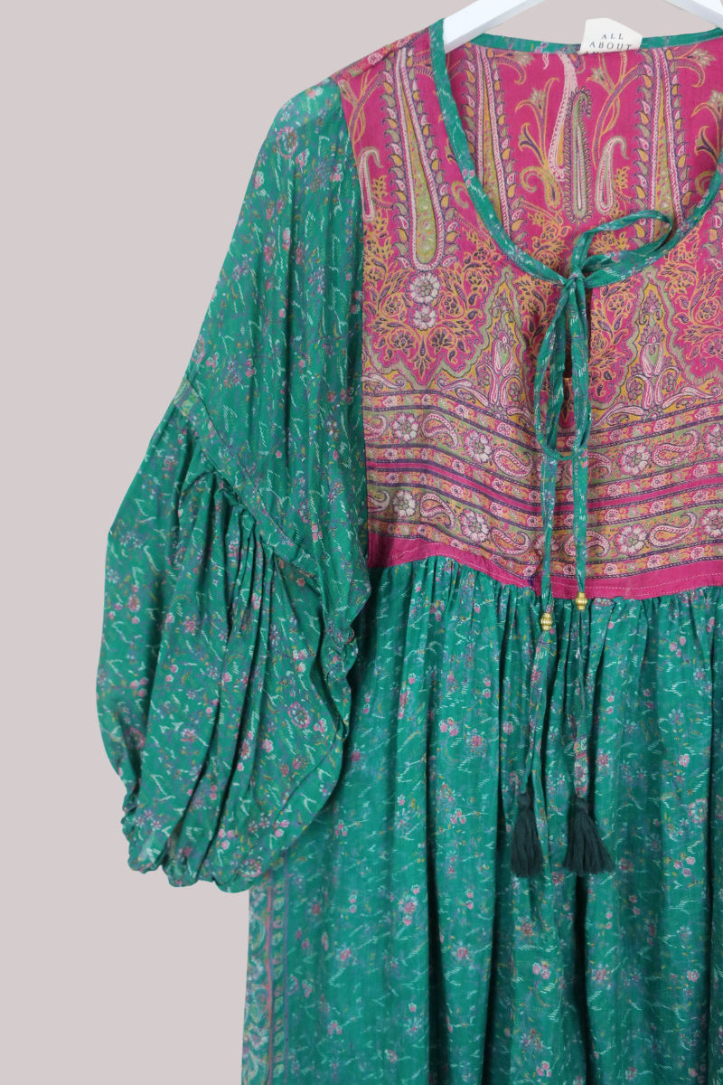 Daisy Vintage Cotton Midi Dress in Jade Green & Pink Floral - Size S/M