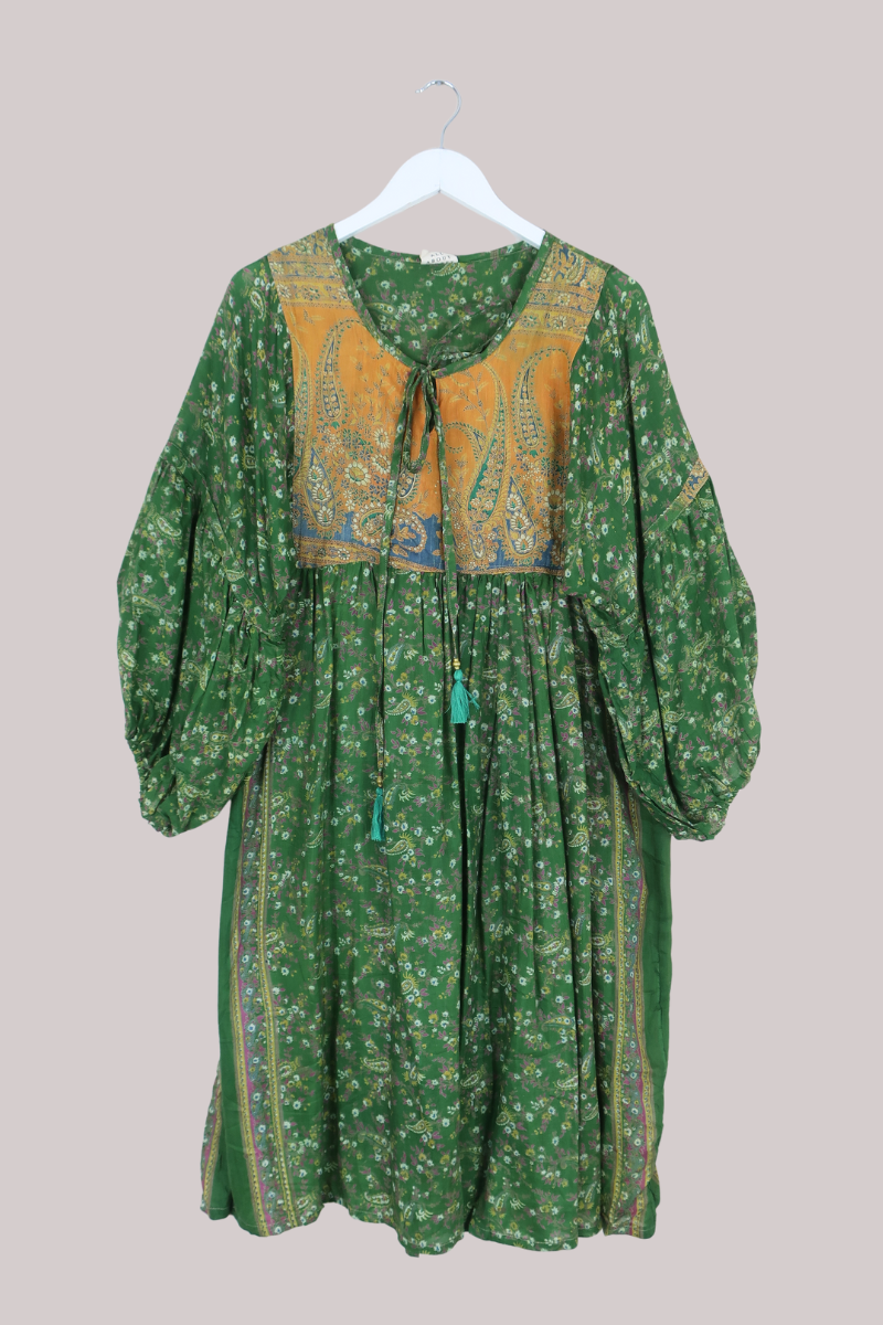 Daisy Vintage Cotton Midi Dress in Rolling Hills Green & Gold- Size S/M