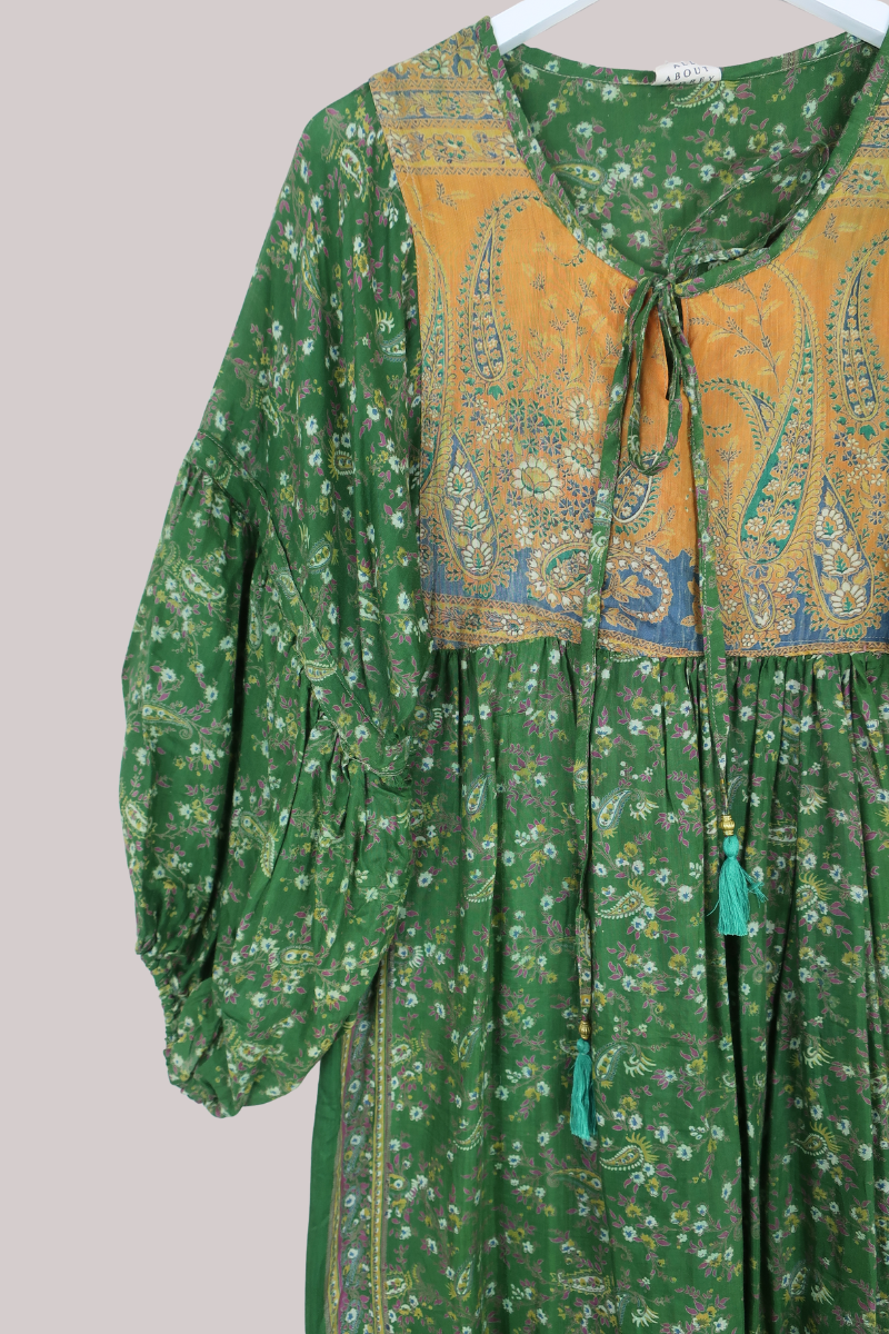 Daisy Vintage Cotton Midi Dress in Rolling Hills Green & Gold- Size S/M