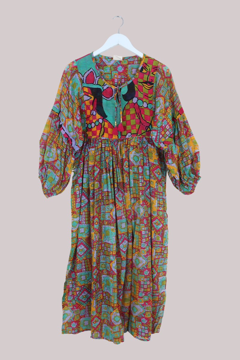 Daisy Vintage Cotton Maxi Dress in Aqua, Rouge, Lilac & Gold - Size S/M