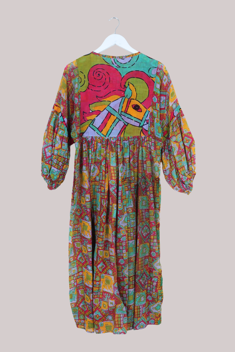 Daisy Vintage Cotton Maxi Dress in Aqua, Rouge, Lilac & Gold - Size S/M