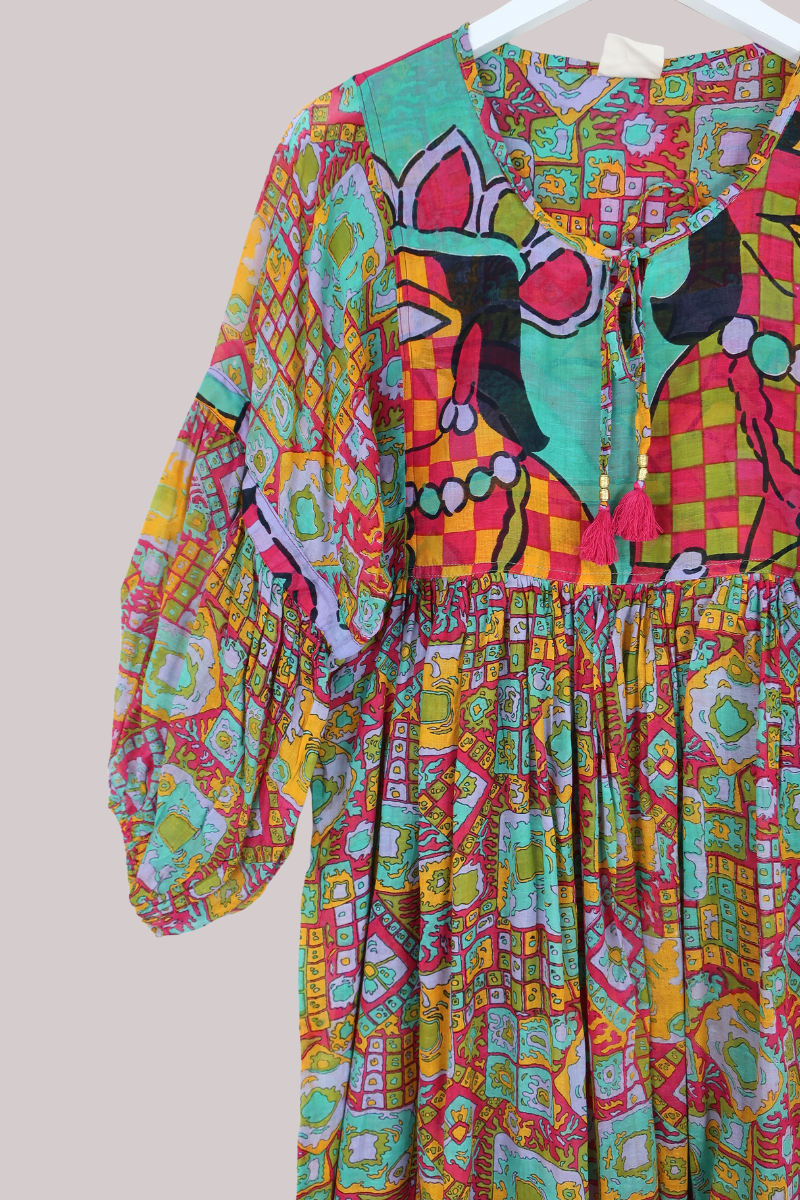 Daisy Vintage Cotton Maxi Dress in Aqua, Rouge, Lilac & Gold - Size S/M