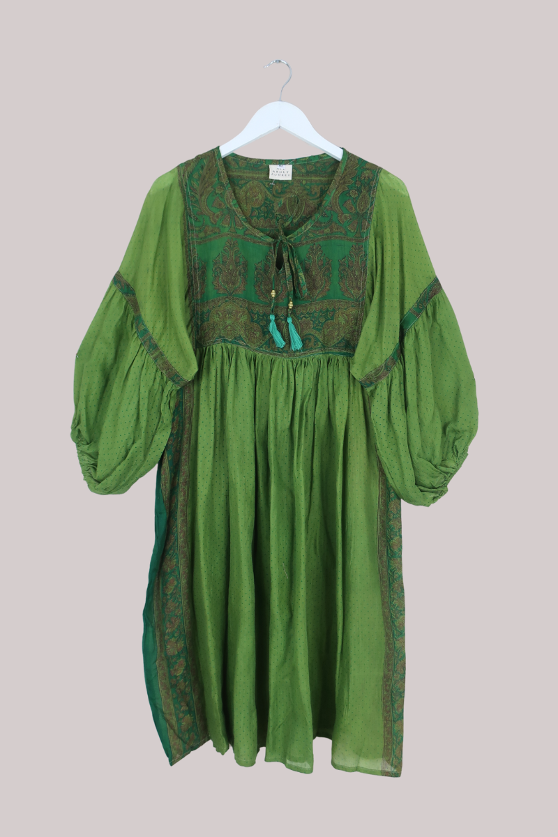 Daisy Vintage Cotton Midi Dress in Olive Green Pixie Polka Dot - Size M/L