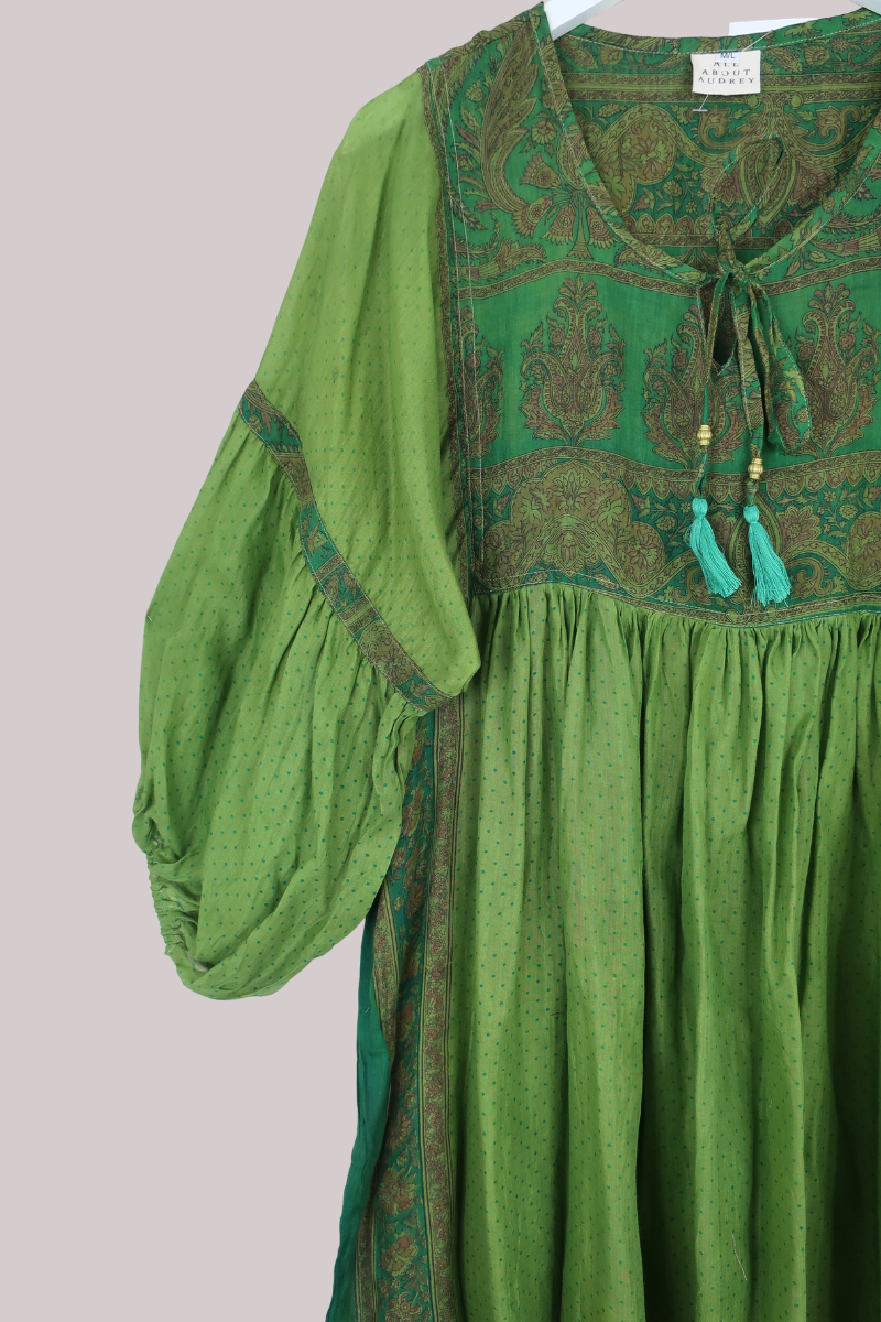 Daisy Vintage Cotton Midi Dress in Olive Green Pixie Polka Dot - Size M/L