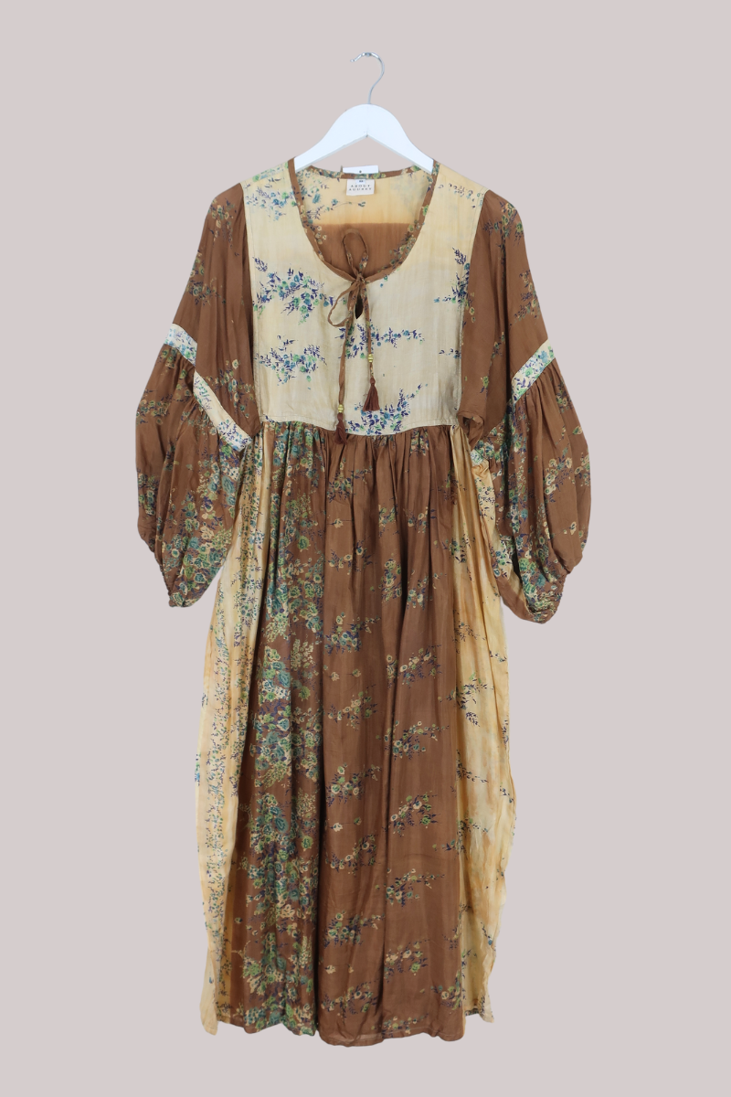 Daisy Vintage Cotton Maxi Dress in Doe Brown & Daffodil Floral - Size XS