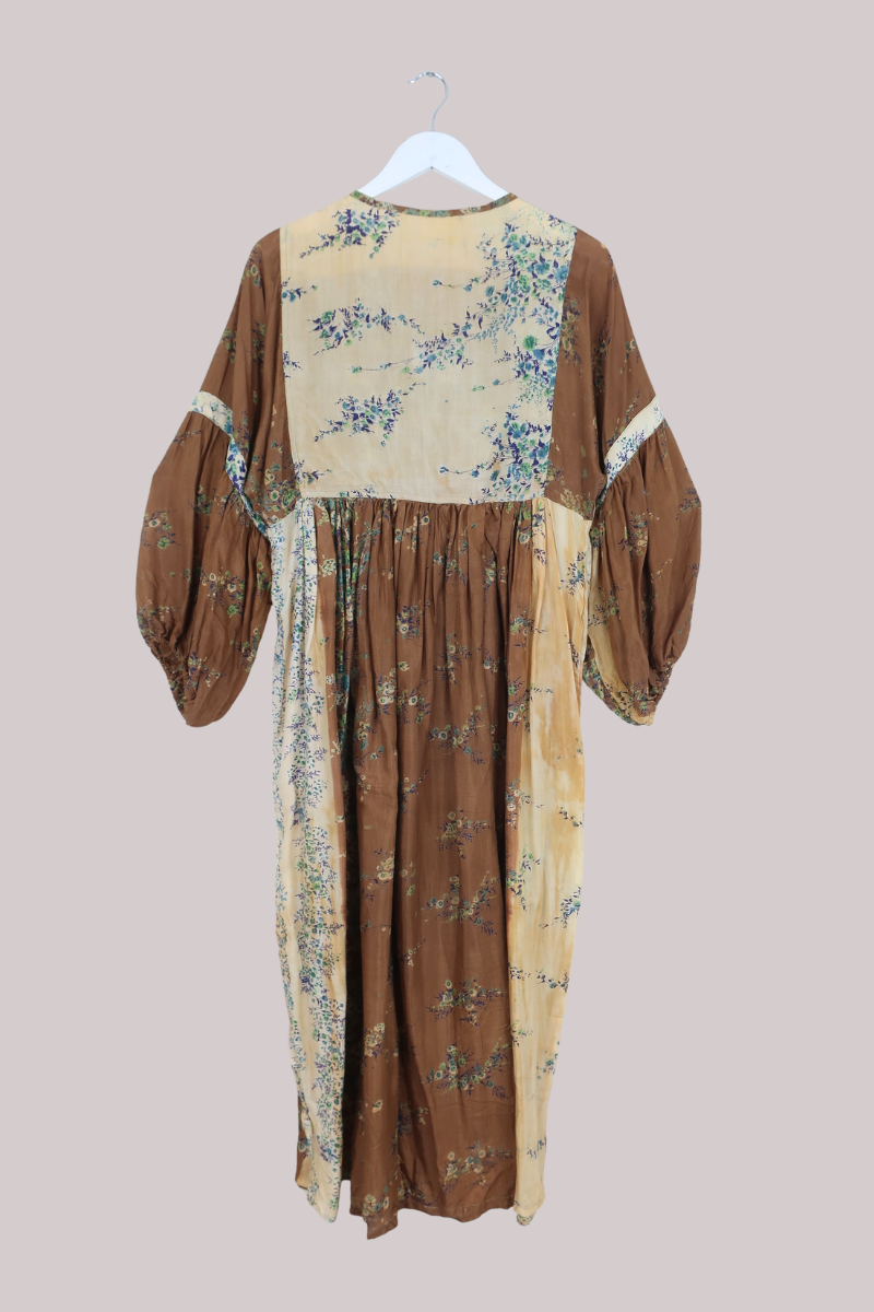 Daisy Vintage Cotton Maxi Dress in Doe Brown & Daffodil Floral - Size XS