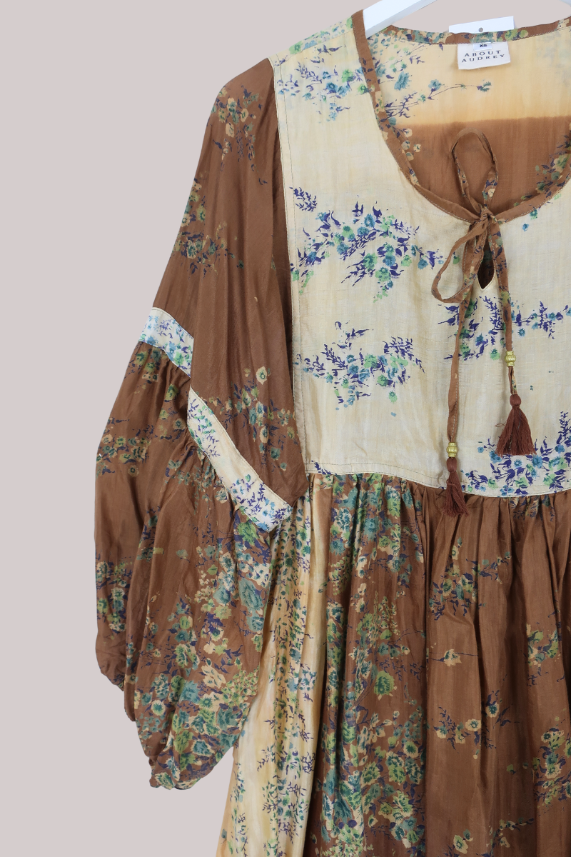 Daisy Vintage Cotton Maxi Dress in Doe Brown & Daffodil Floral - Size XS