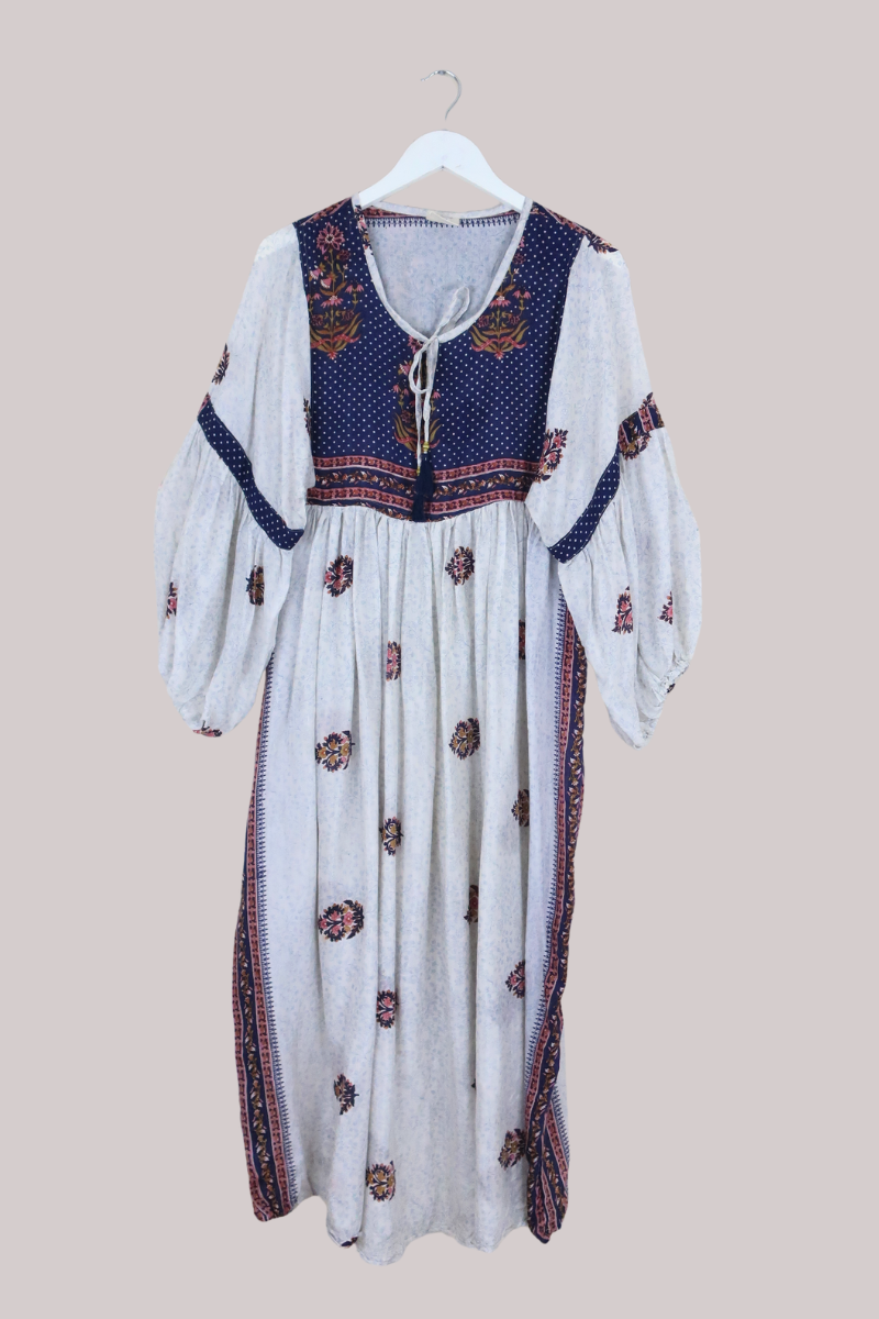 Daisy Vintage Cotton Maxi Dress in Porcelain Floral & Navy Polka Dot- Size XS