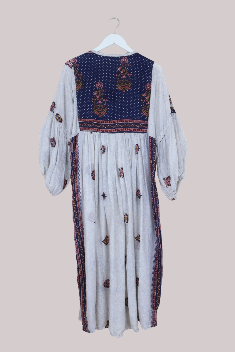 Daisy Vintage Cotton Maxi Dress in Porcelain Floral & Navy Polka Dot- Size XS