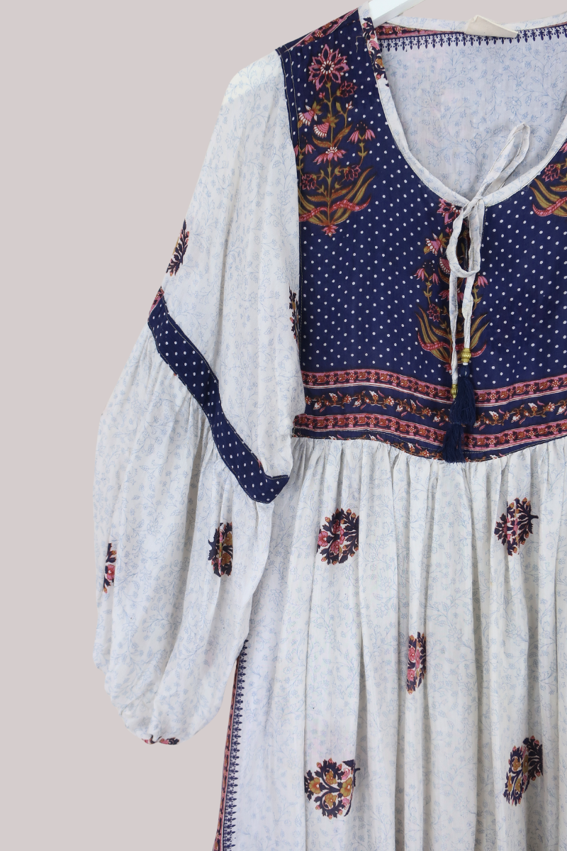 Daisy Vintage Cotton Maxi Dress in Porcelain Floral & Navy Polka Dot- Size XS