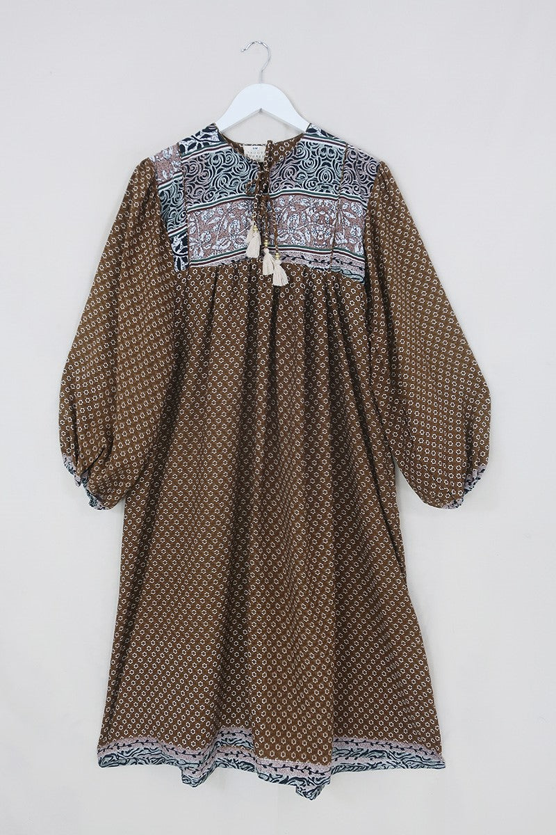 Daphne Dress - Mocha Brown 60s Flower Power - Vintage Sari - Size S/M by All About Audrey