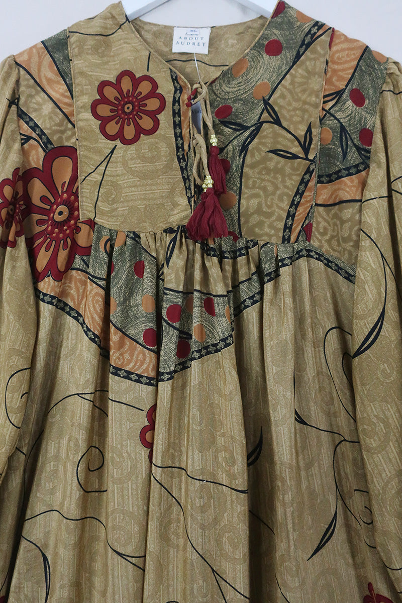 Daphne Dress - Cinnamon & Crimson Flower Bursts - Vintage Sari - Size XL By All About Audrey