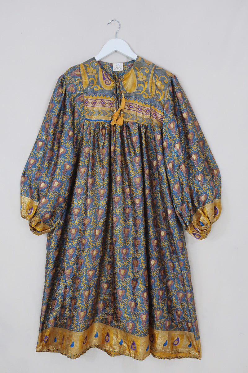 Daphne Dress - Midnight Blue & Honey Motif - Vintage Sari - Size XL By All About Audrey