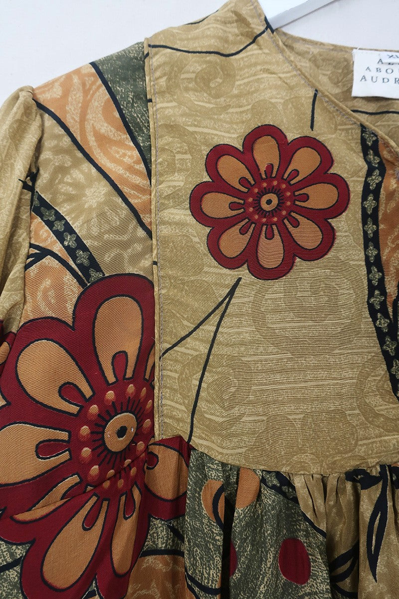 Daphne Dress - Cinnamon & Crimson Flower Bursts - Vintage Sari - Size XL