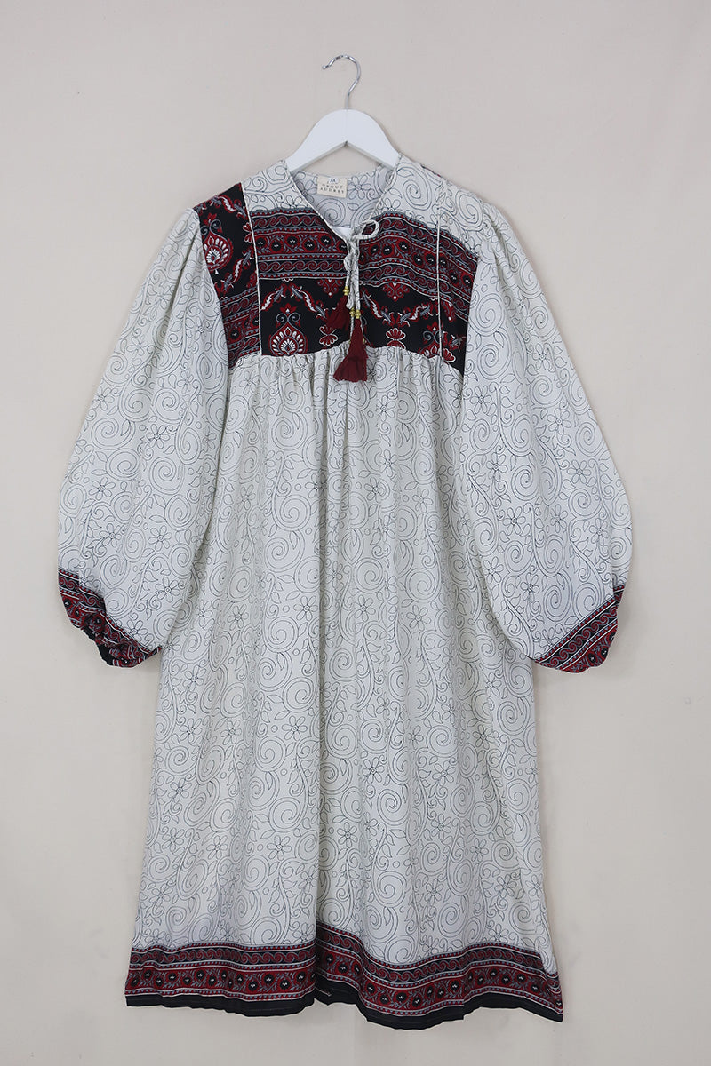 Daphne Dress - Salt White & Sable Vines - Vintage Sari - Size XL By All About Audrey