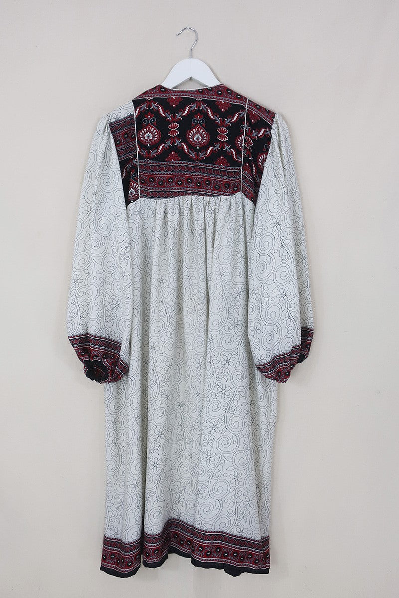 Daphne Dress - Salt White & Sable Vines - Vintage Sari - Size XL By All About Audrey
