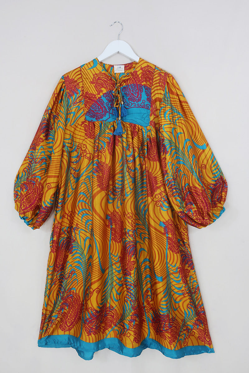 Daphne Dress - Vivid Amber & Turquoise Palms - Vintage Sari - Size S/M By All About Audrey