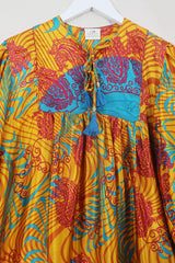 Daphne Dress - Vivid Amber & Turquoise Palms - Vintage Sari - Size S/M By All About Audrey