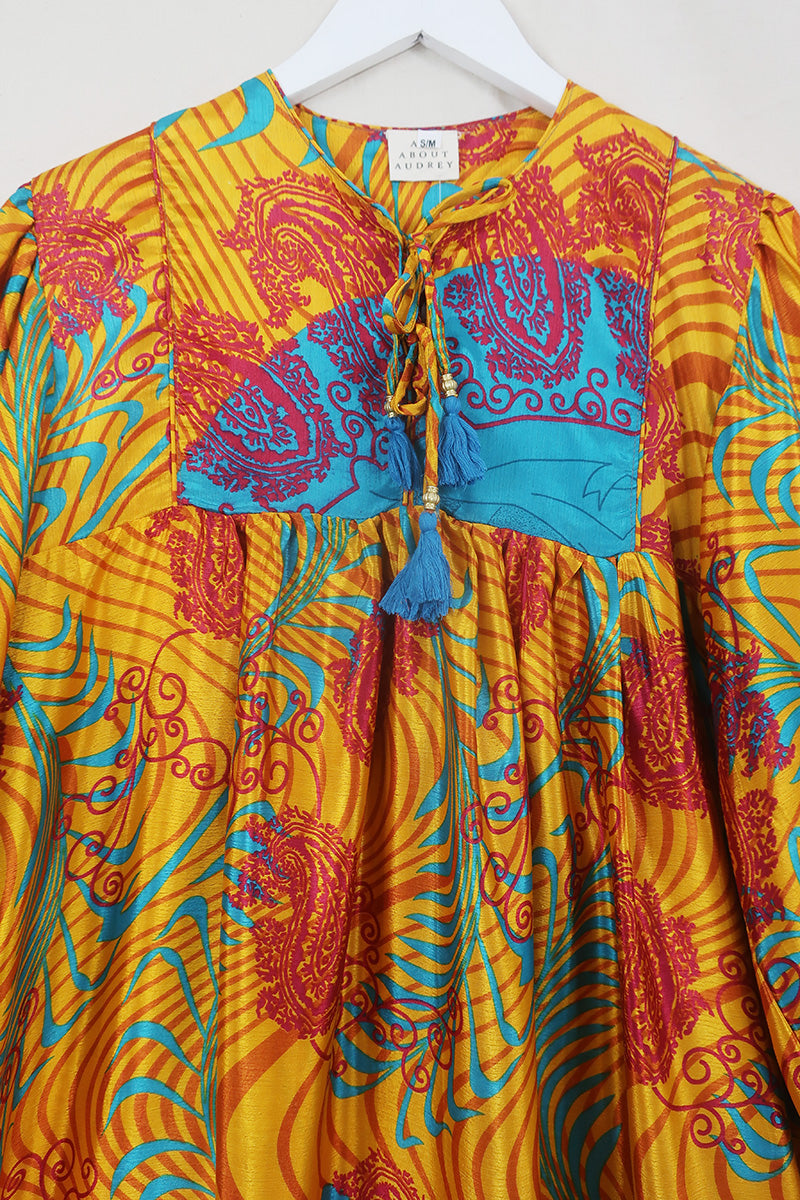 Daphne Dress - Vivid Amber & Turquoise Palms - Vintage Sari - Size S/M By All About Audrey