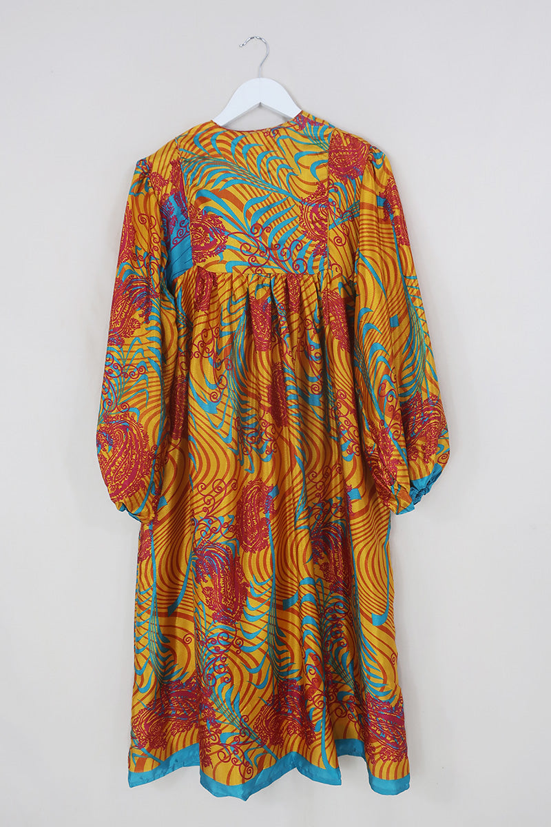 Daphne Dress - Vivid Amber & Turquoise Palms - Vintage Sari - Size S/M By All About Audrey