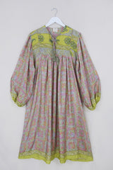 SALE | Daphne Dress - Berry Pink & Lime Tiles - Vintage Sari - Size S/M By All About Audrey