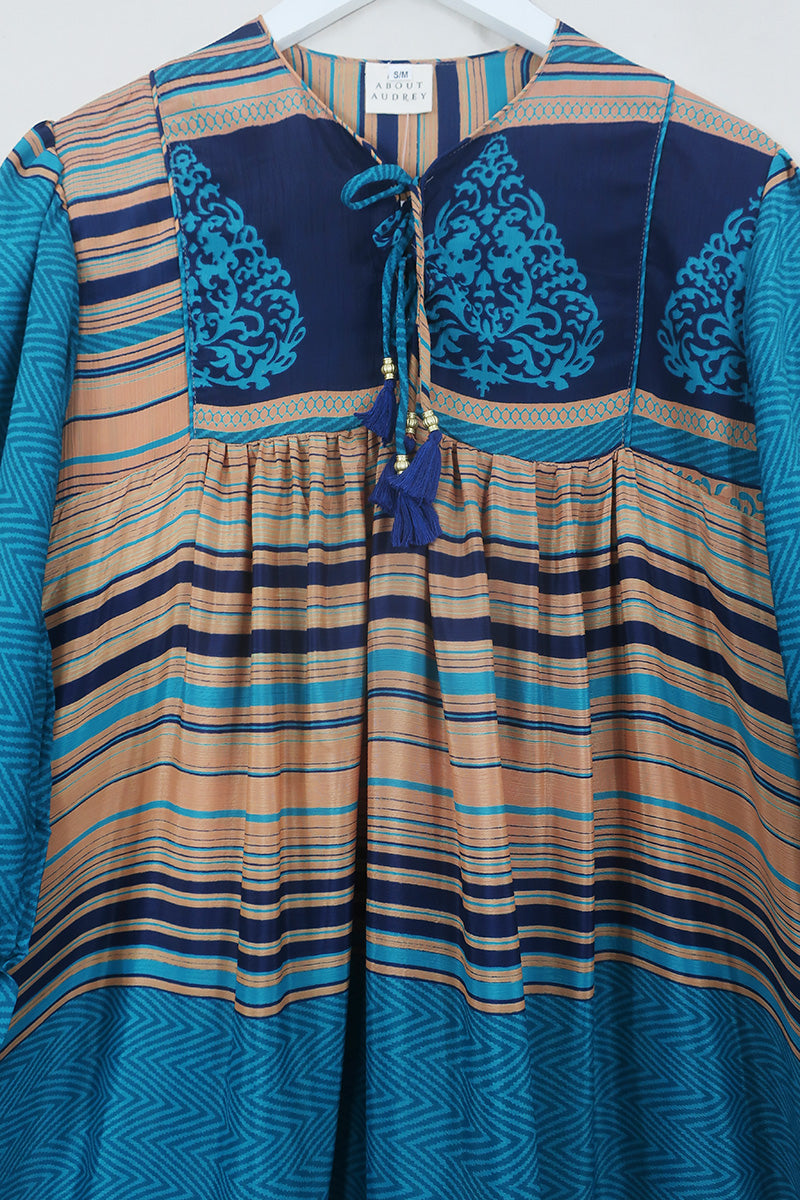 Daphne Dress - Teal & Tiger Eye Stripe - Vintage Sari - Size S/M By All About Audrey
