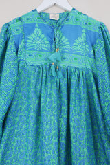 Daphne Dress - Peppermint & Cornflower Leaves - Vintage Sari - Size S/M By All About Audrey