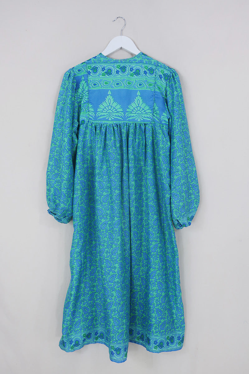 Daphne Dress - Peppermint & Cornflower Leaves - Vintage Sari - Size S/M By All About Audrey