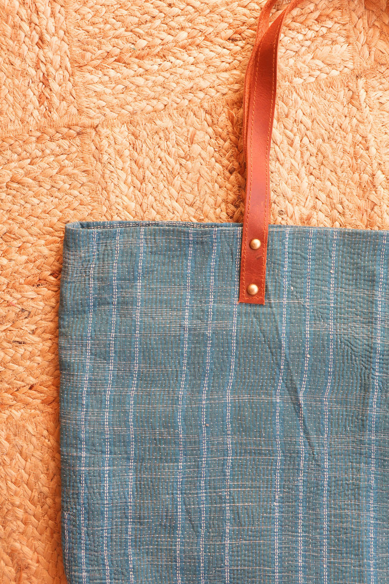 Vintage Kantha Large Shopper Bag in Dark Teal Stripe by All About Audrey