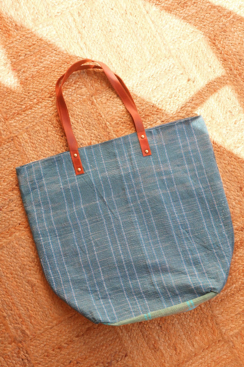 Vintage Kantha Large Shopper Bag in Dark Teal Stripe by All About Audrey