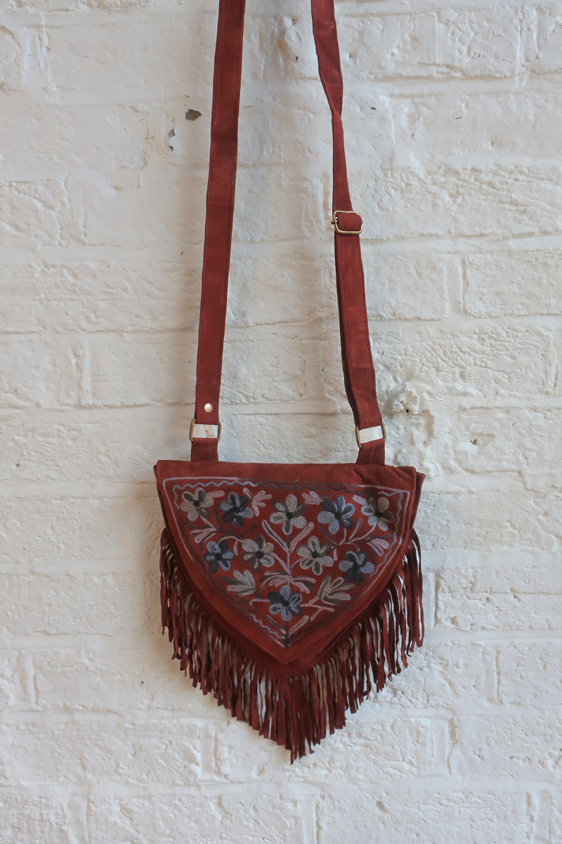 Zelda Embroidered Suede Saddle Bag in Cocoa Cerulean Cosmos