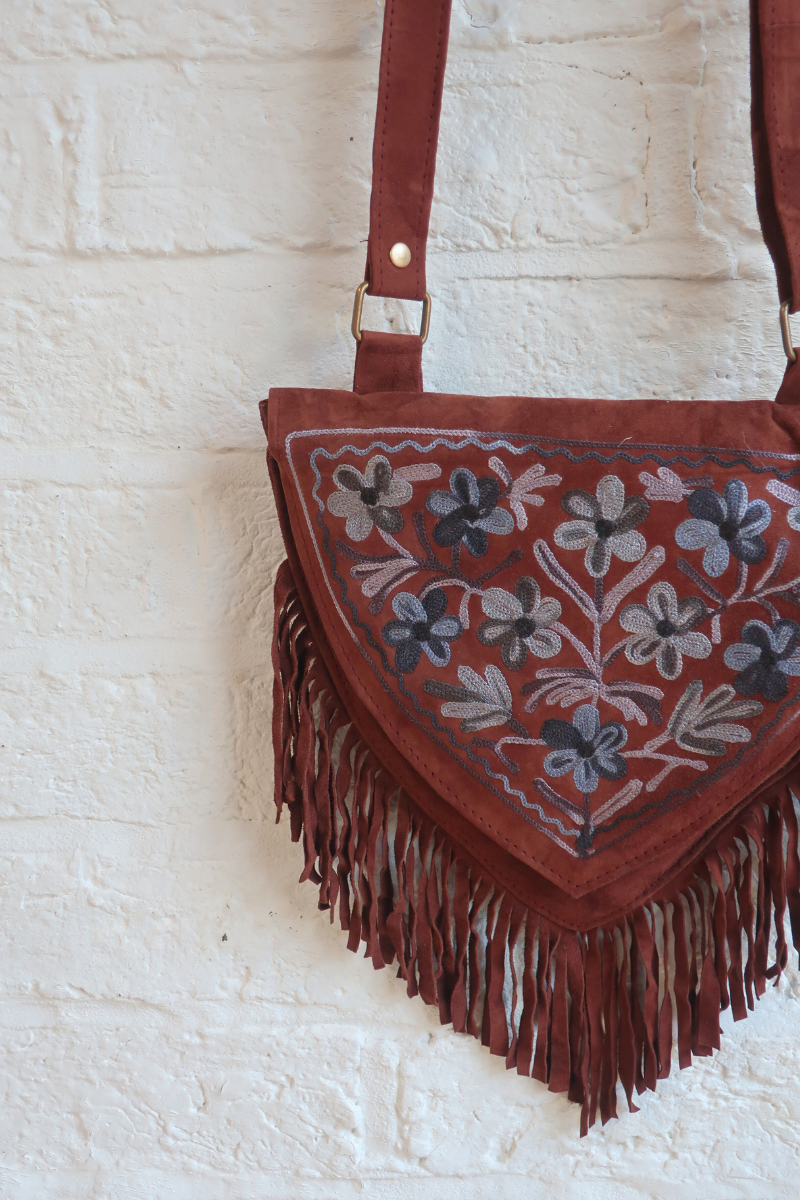 Zelda Embroidered Suede Saddle Bag in Cocoa Cerulean Cosmos