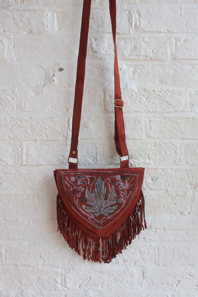 Zelda Embroidered Suede Saddle Bag in Cocoa & Sapphire Autumn Leaf