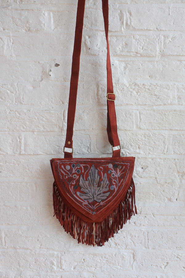 Zelda Embroidered Suede Saddle Bag in Cocoa & Sapphire Autumn Leaf